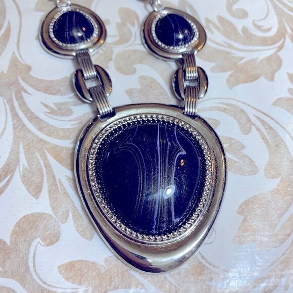 NWT Avon Denim Days Necklace Faux Blue & Gold Cabochons On Silver Tone Chain 18” - Picture 1 of 5